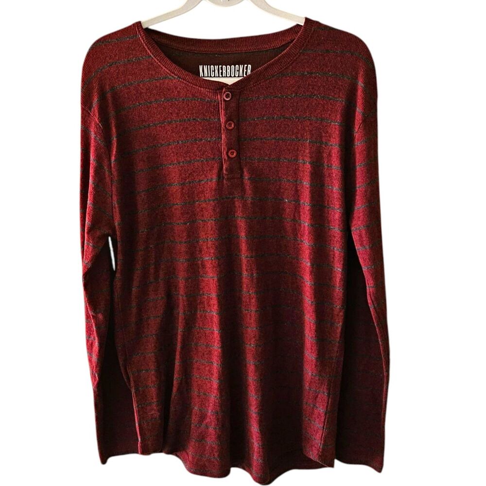 Knickerbocker Vintage Design Mens Shirt Large Red Striped Henley Longsleeve